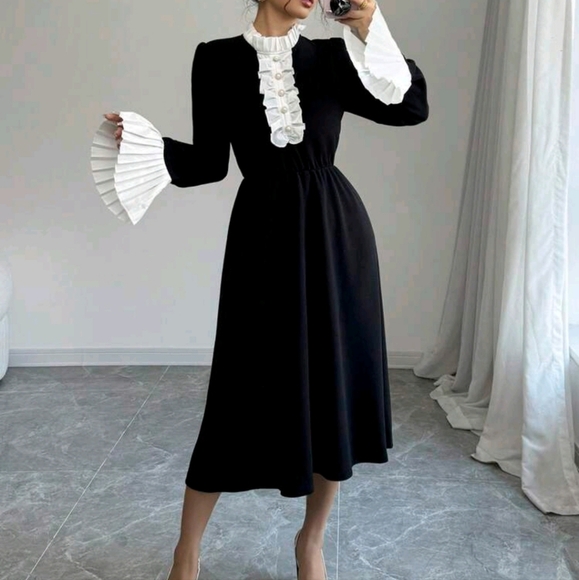 Dresses & Skirts - French Elegant Waist Cinched Long Sleeve Color Block Flare Cuff Ruffle Collar